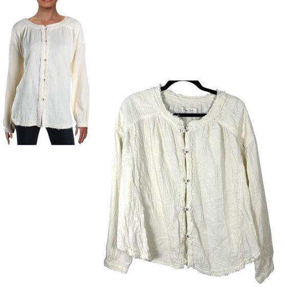 Free People We the Free Moving Mountains Frayed Round Neck Button Cream Small - Picture 1 of 9